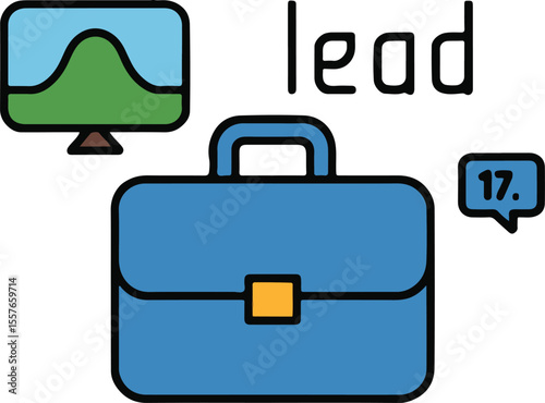 Illustration of a computer screen, briefcase, speech bubble, and the word lead on a gray background