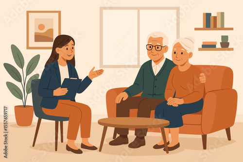 Senior couple counseling session with social worker advisor. Elderly support, mental health care, family therapy, retirement planning, professional consultation, modern home interior illustration