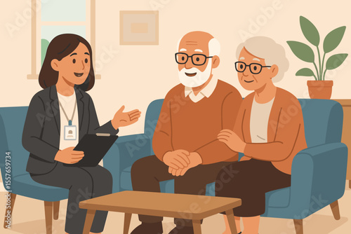 Senior couple consulting social worker advisor at home. Elderly care meeting, family support, retirement planning, counseling session, healthcare discussion. Modern flat vector illustration.