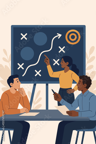Business team strategy meeting, planning to overcome obstacles and achieve goals, teamwork brainstorming, competitor analysis, success target concept, collaborative office discussion illustration