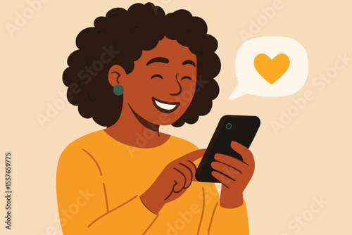 African American woman using smartphone, sending love message, digital communication, social media interaction, online dating, modern technology, cute cartoon vector illustration