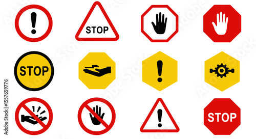  Comprehensive Collection of Warning, Stop, and Prohibition Signs. ideal for safety instructions, public warnings, user interface design, and conveying restrictions or alerts.