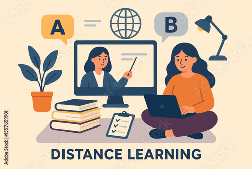 Distance Learning Online Education Vector. Language Course Selection, Virtual Classroom, Exam Preparation, Home Schooling, E-Learning, Remote Study, Digital Education, Modern Flat Cartoon Illustration