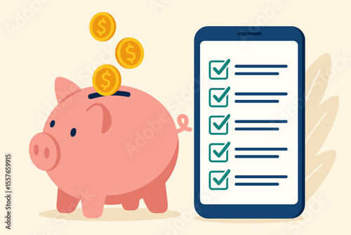 Piggy bank savings concept with smartphone checklist, financial planning, money management, online banking, digital budgeting, investment accumulation, personal finance vector illustration