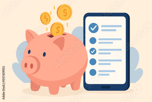 Piggy bank savings app concept. Flat vector illustration of piggy bank with coins and smartphone checklist. Online money accumulation, digital finance, budget planning, personal finance management.