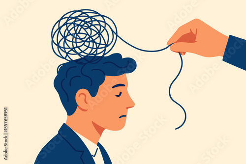 Confused thoughts unraveling in mind metaphor. Business problem solving, mental health, stress management, anxiety relief, tangled thoughts, abstract concept. Modern flat vector illustration.