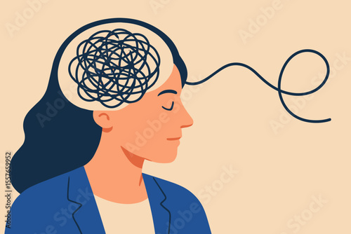 Confused tangled thoughts in mind unraveling. Abstract metaphor mental health, anxiety, stress, problem solving, business challenges. Woman head silhouette, chaos to clarity concept illustration.