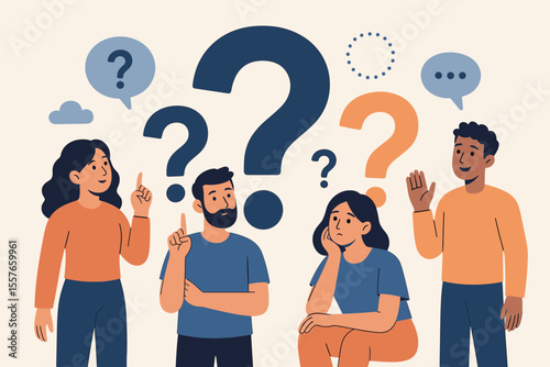 Diverse group discussion concept illustration with people surrounded by large question marks, FAQ metaphor, brainstorming, problem solving, seeking answers, modern flat vector cartoon design