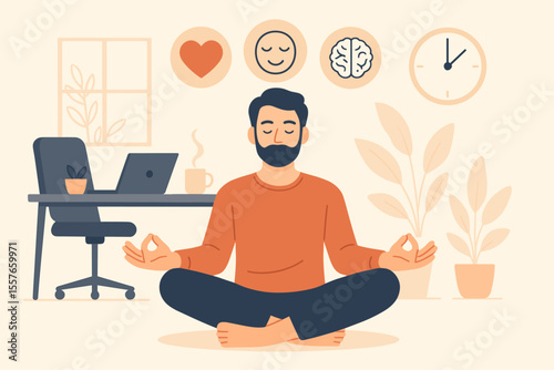 Office meditation break concept. Employee practicing mindfulness, stress relief, mental health, emotional balance, productivity boost. Workplace wellness, healthy lifestyle, calm work environment.