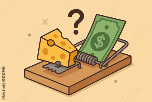 Financial Trap Metaphor Vector. Mouse Trap with Cheese and Money. Symbol of Financial Illiteracy, Easy Money Risk, Deceptive Offers, Investment Fraud, Economic Danger, Caution in Finance