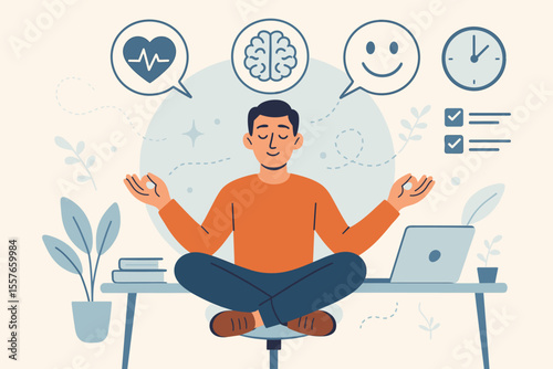 Meditation at Work Vector Illustration. Mindfulness Break for Mental Health, Emotional Balance, Stress Relief, Productivity, Focus, Wellbeing. Office Wellness, Healthy Lifestyle, Modern Flat Design