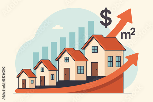 Real estate market growth vector illustration. Rising house prices, increasing property value per square meter, investment, housing market trends, realty business, modern flat design