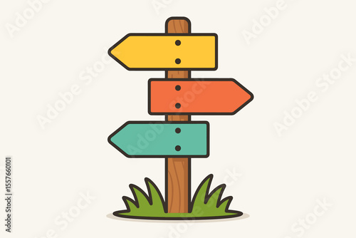 Colorful Direction Signpost Vector Illustration. Cartoon Wooden Road Sign with Arrows Showing Multiple Directions. Travel, Navigation, Choice, Decision Concept. Pathway Guidance Symbol Outdoors