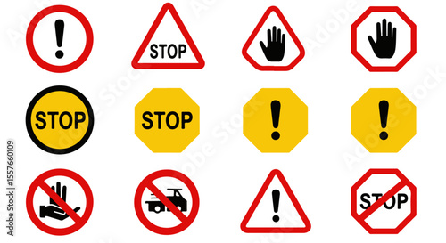  Comprehensive Collection of Warning, Stop, and Prohibition Signs. ideal for safety instructions, public warnings, user interface design, and conveying restrictions or alerts.