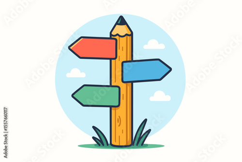 Cartoon pencil signpost vector illustration. Creative direction sign with colorful arrows, decision making, multiple choices, travel destinations, education, guidance, modern flat design