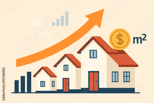 Real estate market growth concept. Rising house prices per square meter. Increasing property value. Investment, housing market, price trend, mortgage, realty, financial growth. Modern flat vector