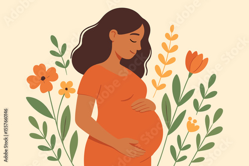 Pregnant woman holding belly surrounded by floral elements. Motherhood, maternity, expecting baby, pregnancy concept. Modern flat vector illustration. Nature, femininity, spring, new life.