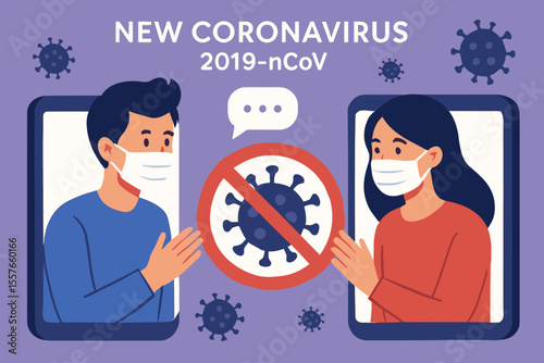 Coronavirus 2019-nCoV quarantine concept, people social distancing, online communication, pandemic prevention, virus ban, remote interaction, digital connection, no physical contact, health safety