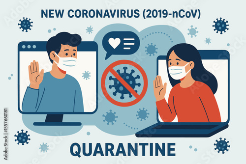 Coronavirus Quarantine Communication Vector. People in Medical Masks Video Calling Online, Social Distancing, Ban on Contact, COVID-19 Pandemic Prevention, Remote Connection, Virus Awareness