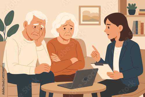 Senior couple financial consultation at home. Elderly man and woman meeting advisor, discussing retirement planning, support, advice. Modern flat vector illustration, living room, laptop, paperwork