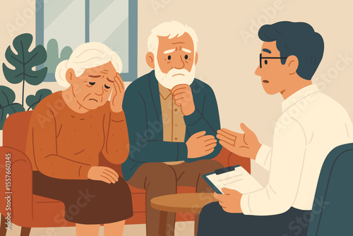 Senior couple therapy session at home. Elderly man and woman receiving counseling, mental health support, family psychologist consultation, emotional stress, senior care. Flat vector illustration.
