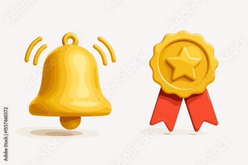 3D notification bell and award medal icon set. Realistic vector of a ringing alert reminder symbol and a winner's quality prize ribbon with a star. Achievement, success concept.