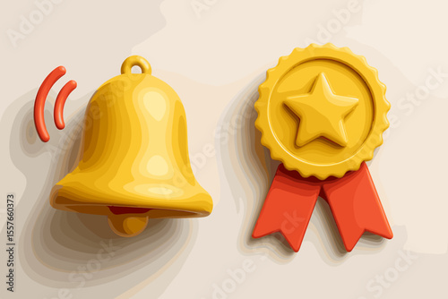 Realistic 3D notification bell and award medal icon set. Vector illustration of a ringing alert symbol and a quality achievement badge with a star. Success, winner, and reminder concept.