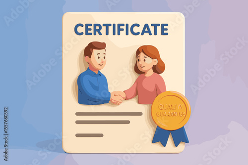 3D certificate with man and woman shaking hands. Business partnership and agreement concept. Quality guarantee diploma with gold medal seal for teamwork and success. Vector icon.
