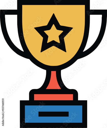 Illustration of a gold trophy with a star on it sitting on a blue and red base on a gray background