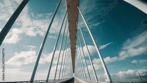 Architectural marvel of cable stayed bridge under clear skies with white clouds