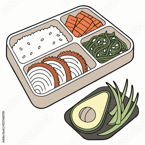 Beige Bento Box with White Rice Salmon Seaweed and Fried Onion Avocado and Green Onions lunch box takeaway