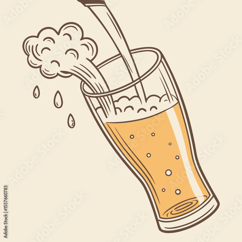 Pale Yellow Beer Pouring into a Glass with Abundant Foam and Droplets Beige Background Line Art Style Illustration