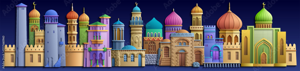 Fototapeta premium Colorful paper cut style vector illustration of an oriental city with domes, towers, and minarets. Perfect for Arabian, Islamic, and fairytale themed designs.