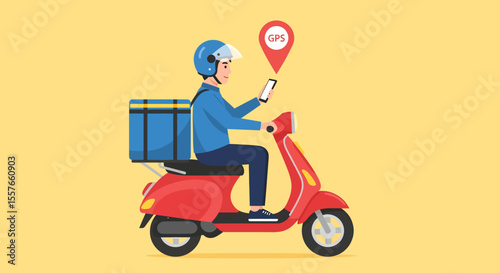 Delivery driver on red scooter checking GPS location on smartphone.