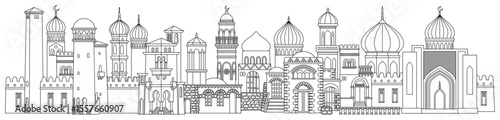 Line art vector illustration of an oriental city with domes, towers, and minarets. Perfect for Arabian, Islamic, and fairytale themed designs