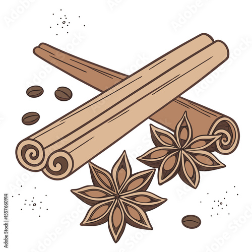 Two Brown Cinnamon Sticks Crossed with Two Brown Star Anise and Coffee Beans on White Background beige