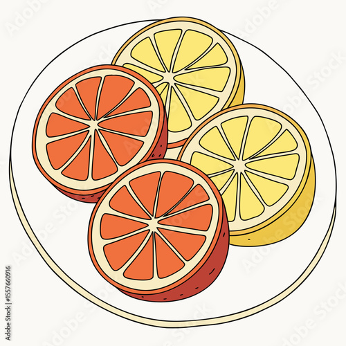 Colorful Illustration of Orange and Lemon Slices Arranged on a White Plate Top View orange slices citrus fruit