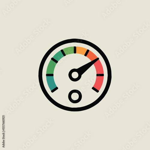 A speedometer icon with a black needle pointing to the red zone on a beige background graphic design