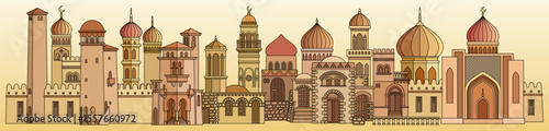 Colorful vector illustration of an oriental city with domes, towers, and minarets. Perfect for Arabian, Islamic, and fairytale themed designs