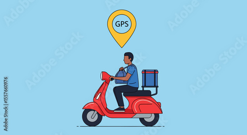 Delivery man riding red scooter with GPS location marker above him.