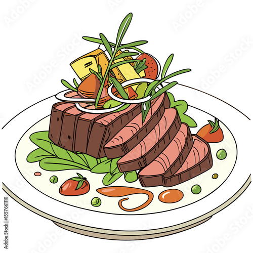 Gourmet Plated Dish Sliced Steak Rosemary Garnish Vegetables Creamy Sauce White Plate beef