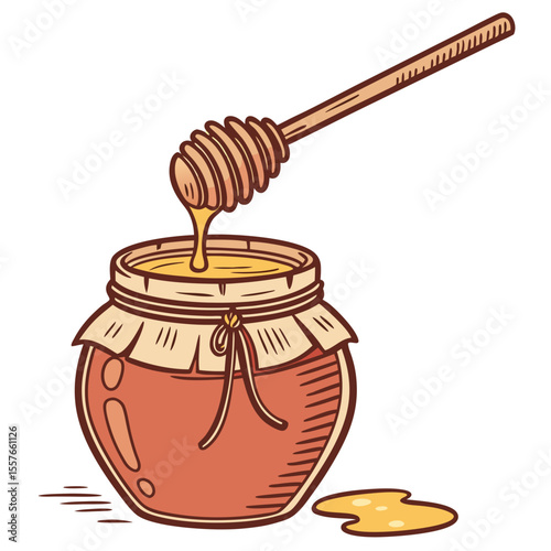 Amber Honey Jar with Wooden Honey Dipper Dripping Golden Honey Sweet Treat Illustration vector