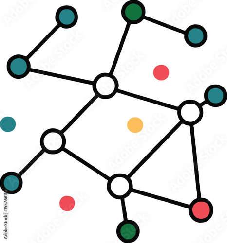 A network diagram with colored nodes connected by lines on a white background in a simple style