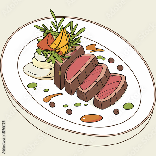 Gourmet Plated Dish Featuring Sliced Brown Seared Steak Mashed Potatoes Orange and Green Vegetables Rosemary Garnish