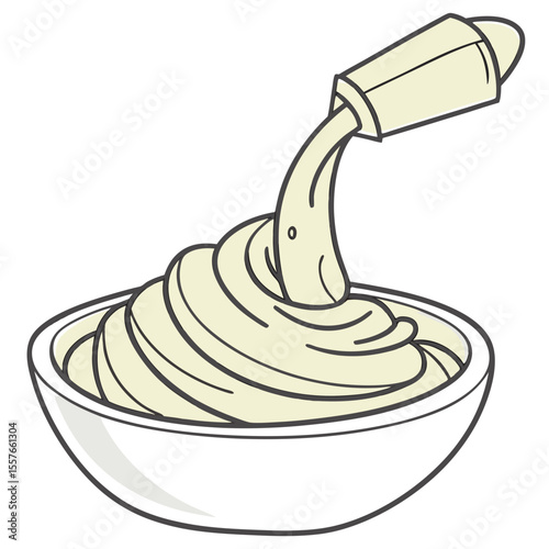Pale Yellow Mayonnaise Swirling into White Bowl from Squeeze Bottle Cartoon Illustration vector