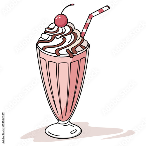 Pink Strawberry Milkshake Glass with Whipped Cream Chocolate Drizzle and Cherry Red and White Striped Straw