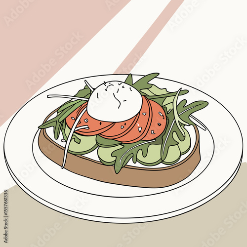 Minimalist Line Art Illustration of Avocado Tomato Cucumber Burrata Toast on White Plate Beige Background