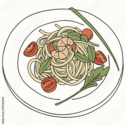 Minimalist Illustration of Shrimp Scampi Pasta Dish on White Plate with Tomato and Basil Garnish spaghetti