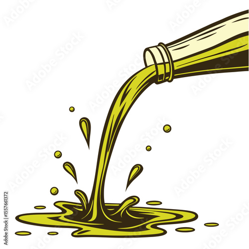Olive Oil Pouring from Bottle Splashes and Puddles Yellow Green Liquid Flowing Stream vector
