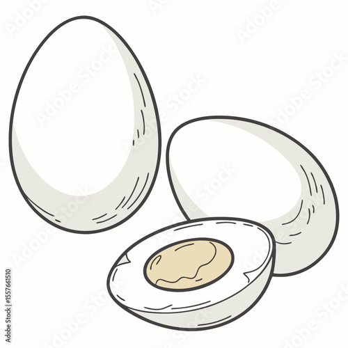 Two Raw Eggs with Shell One Egg Peeled Showing Light Beige Yolk and White Egg White Simple Line Drawing Illustration